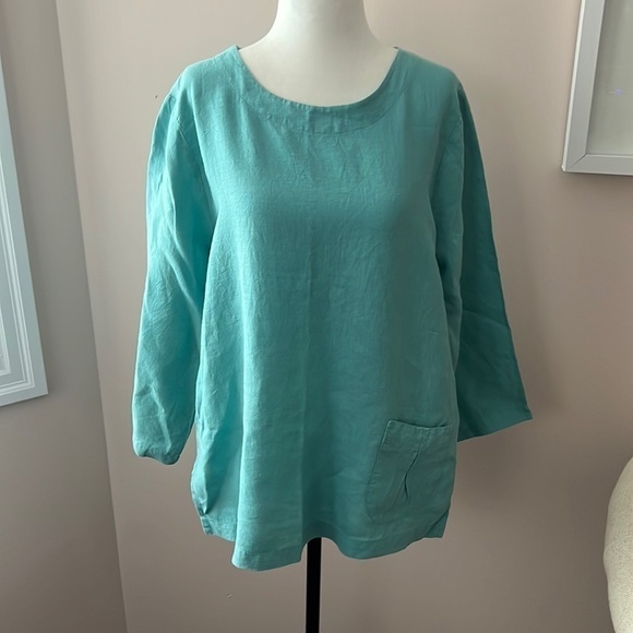 Hot Cotton l 100% Linen 3/4 Sleeve Teal Top - Picture 1 of 4